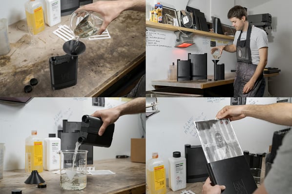 A series of four images showing a person developing film: pouring liquid into a black container, using equipment in a darkroom, pouring solution from the container into a beaker, and removing developed film from a sleeve.