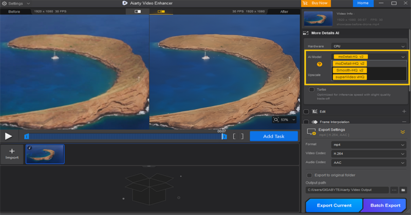 Screenshot of Aiarty Video Enhancer software interface showing AI model options