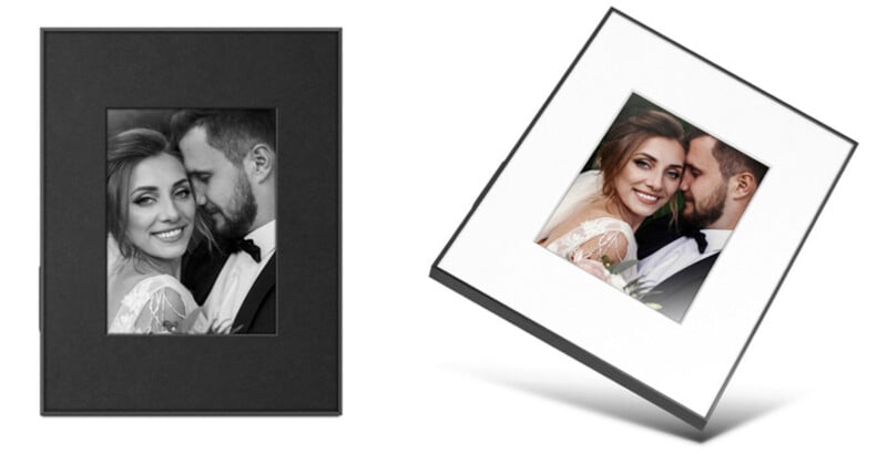 A black-and-white photo of a smiling bride and groom in a rectangular frame is shown next to the same image in a square frame with a white mat, both displayed against a white background.