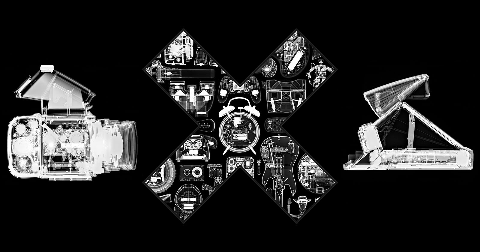 X-ray style image showing an open camera on the left, an open laptop on the right, and a large "X" in the center filled with clocks and mechanical parts, all set against a black background.