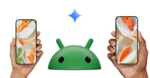 Two hands each holding a smartphone with similar abstract wallpapers, separated by a sparkling icon and a green Android robot head in the center on a white background.