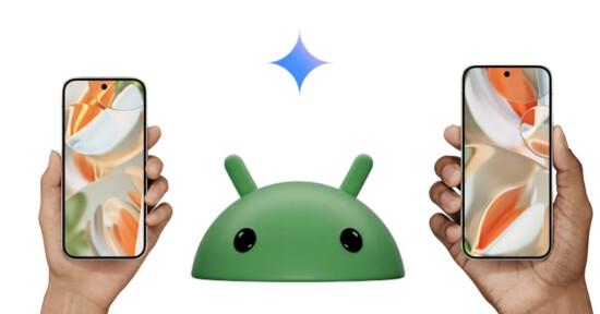 Two hands each holding a smartphone with similar abstract wallpapers, separated by a sparkling icon and a green Android robot head in the center on a white background.