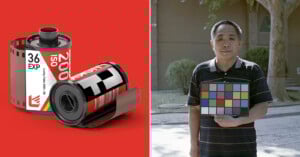 Left: Two rolls of photographic film on a red background. Right: A man stands outdoors holding a color calibration chart in front of his chest.