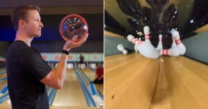 A man holds a bowling ball, preparing to bowl on the left; on the right, bowling pins scatter and fall as a ball strikes them at the end of the lane.