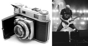 On the left, a vintage film camera with its lens cover open. On the right, a black-and-white photo of a musician playing an electric guitar on stage under bright lights.