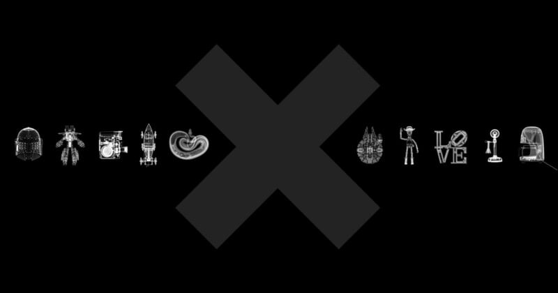 A large black "X" in the center on a black background, with small white iconic images forming a horizontal row across the middle, including a robot, buildings, heart, spaceship, and "LOVE" text.