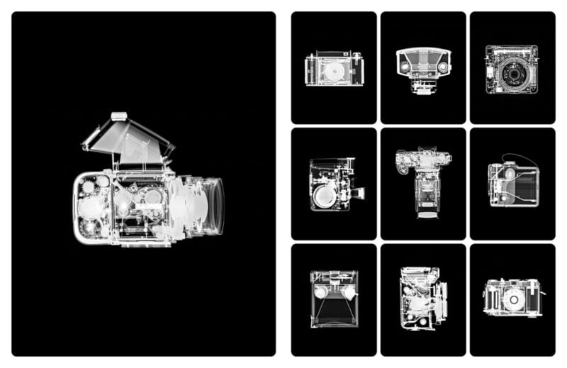 X-ray images of cameras are displayed on a black background. On the left is a large X-ray image of one camera, and on the right are nine smaller X-ray images of different cameras arranged in a grid.