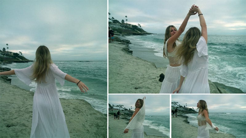 A collage of two women dancing on a beach.