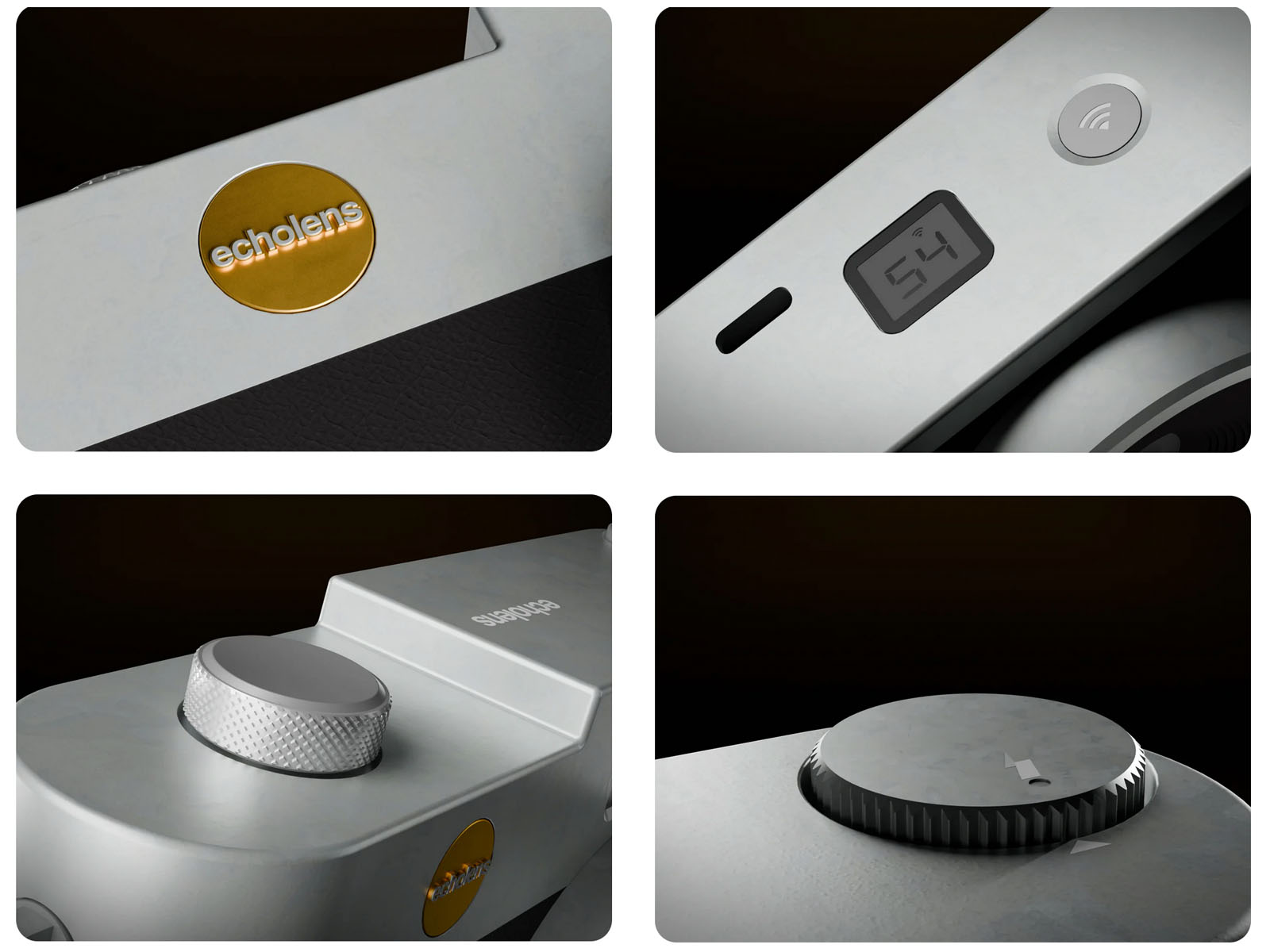 A collage of four close-up shots displays details of a camera, including a gold "scholens" logo, a digital display showing "54", a metal control dial, and a textured adjustment wheel.