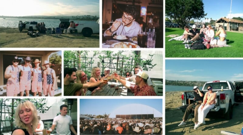 A collage of people eating and drinking.