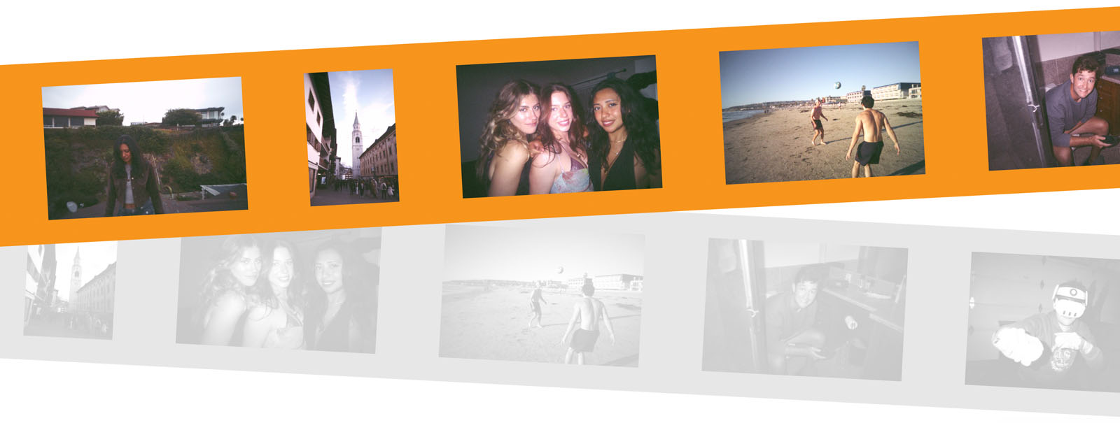 A horizontal orange strip displays four colorful photos: a person outdoors, a city street, three smiling friends, and people playing on a beach; faded copies of these images appear below.