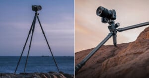 Side-by-side images of a camera on a tripod; left: tripod standing on rocks by the sea under a blue sky, right: tripod with splayed legs positioned low on rocky terrain at sunset.
