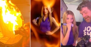 A collage of three images: left, a photographer captures a woman holding a flaming tennis racket; center, the woman poses with the racket against a dramatic backdrop; right, she and the photographer review images on a camera.