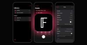Three smartphone screens with a black and red camera app interface, showing a film library, a camera icon with an "F" logo, and detailed photo information entry fields.