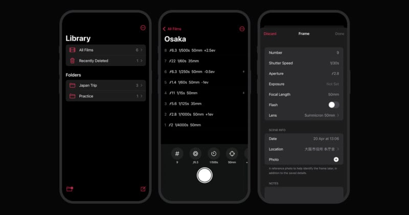 Three smartphone screens show a camera app: a film library, a list of photos under "Osaka," and photo details like shutter speed, aperture, and date. The interface uses a dark theme with white text.