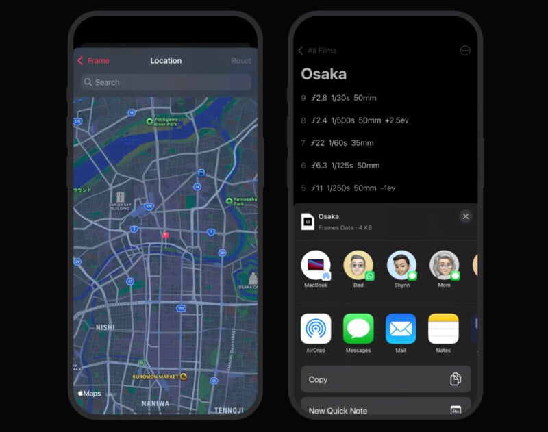 Two smartphones display an app. The left screen shows a map of Osaka with location pins. The right screen shows photo details titled "Osaka" with camera settings and sharing options like AirDrop, Messages, and Mail.
