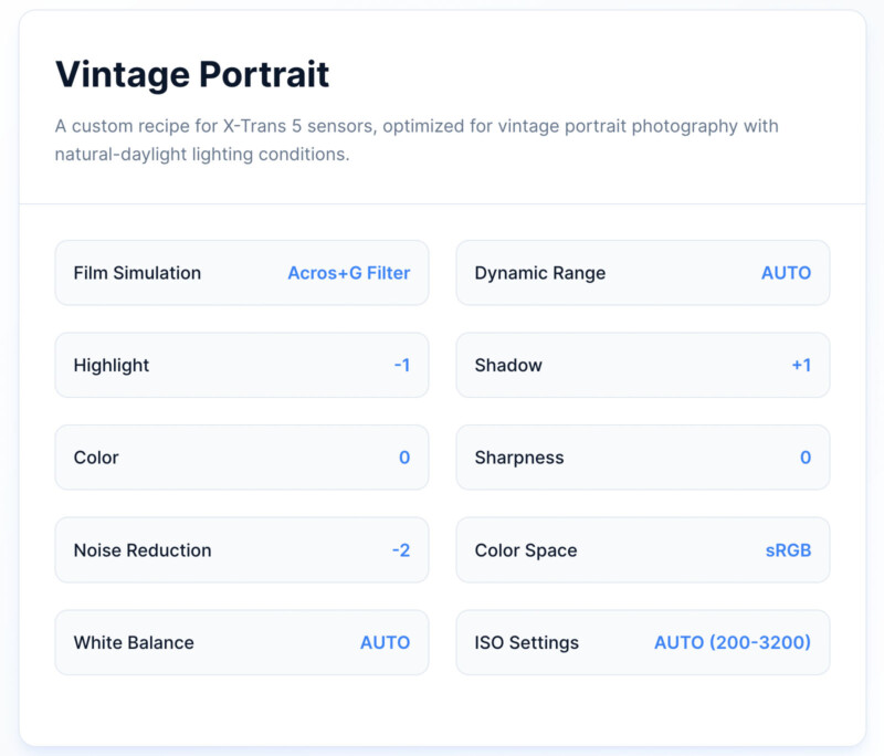 Settings page for a vintage portrait photo recipe, showing options for film simulation, highlight, color, noise reduction, white balance, dynamic range, shadow, sharpness, color space, and ISO settings.
