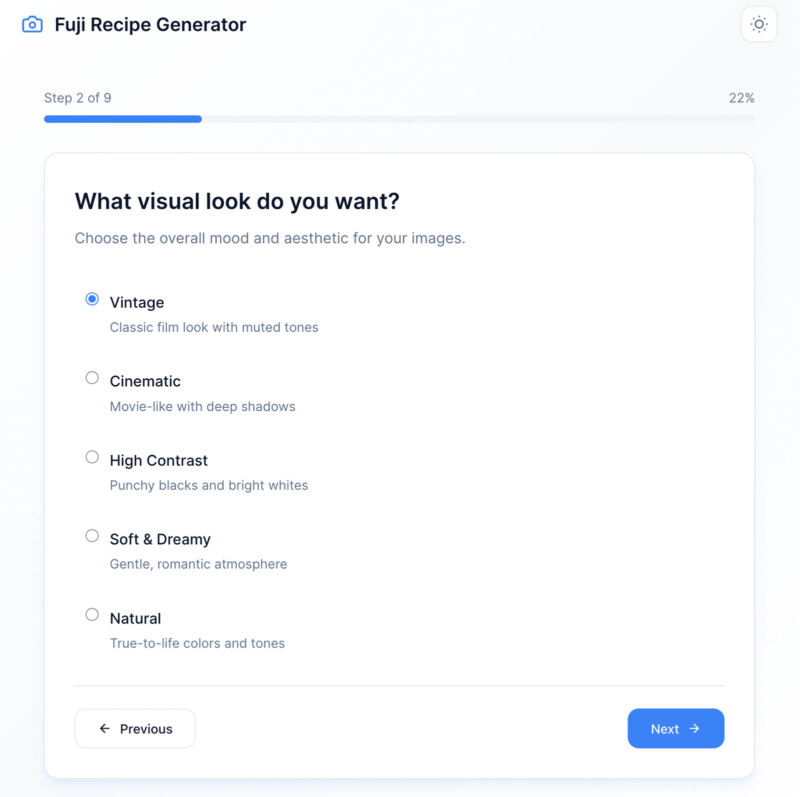 A webpage titled "Fuji Recipe Generator" shows a step asking, "What visual look do you want?" with five style options: Vintage, Cinematic, High Contrast, Soft & Dreamy, and Natural. "Vintage" is selected.