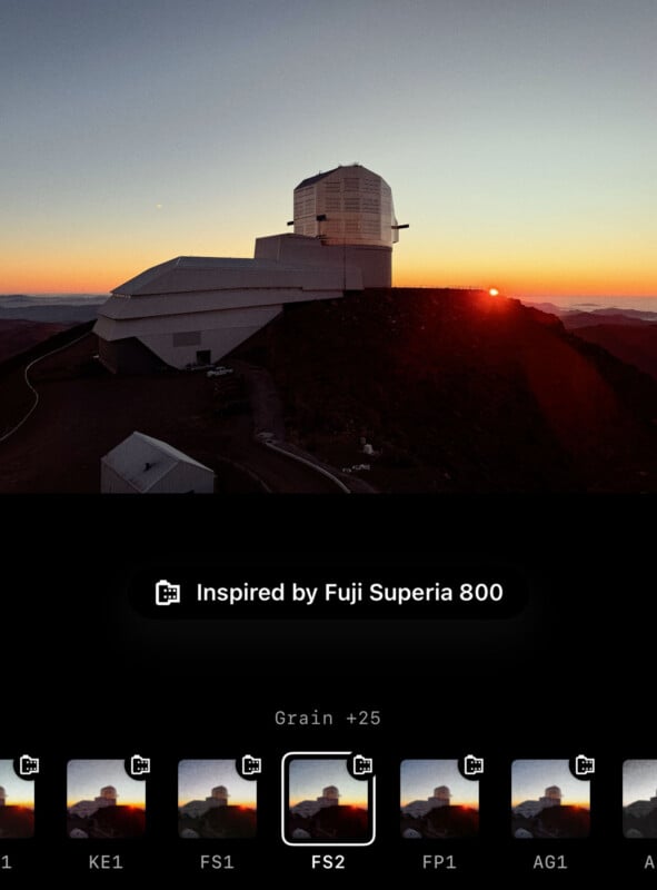 A large observatory sits atop a mountain at sunset, with warm light illuminating the building and the landscape. Photo editing options, including “FS2,” are displayed at the bottom of the screen.