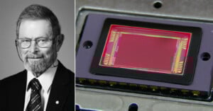 A black and white portrait of an older man with glasses and a beard is shown on the left; on the right is a close-up color image of a rectangular electronic sensor with visible circuitry.