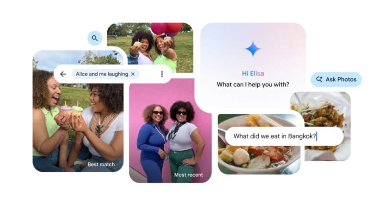A collage shows two women laughing with cupcakes, two women posing, and a dish of food. Search bars read “Alice and me laughing” and “What did we eat in Bangkok?” with options like “Ask Photos” and a virtual assistant message.