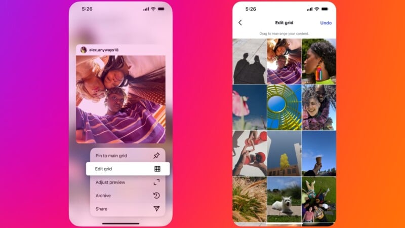 Two smartphone screens show editing features on a social media photo grid. The left screen displays posting options, while the right screen shows a drag-and-drop grid of photos for rearranging.