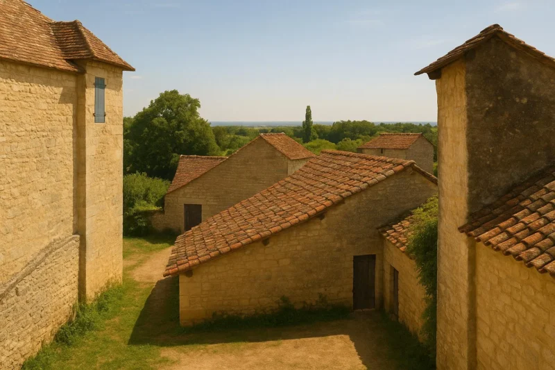 Sunlit stone buildings with red-tiled roofs form a small village surrounded by greenery and trees, under a clear blue sky. A dirt path winds between the buildings, leading to the distant landscape.