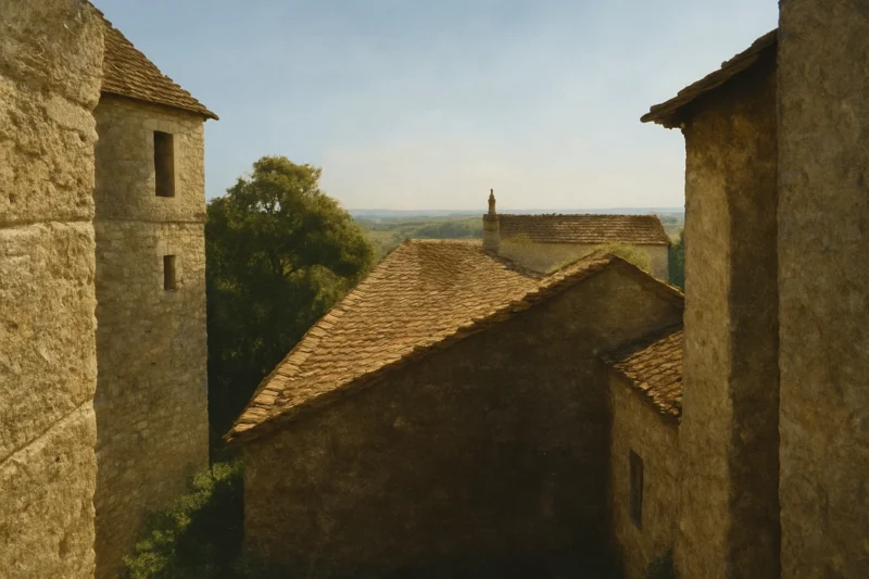 Old stone buildings with tiled roofs are nestled closely together, surrounded by trees. The warm sunlight casts soft shadows, and the landscape extends into the hazy distance under a clear blue sky.
