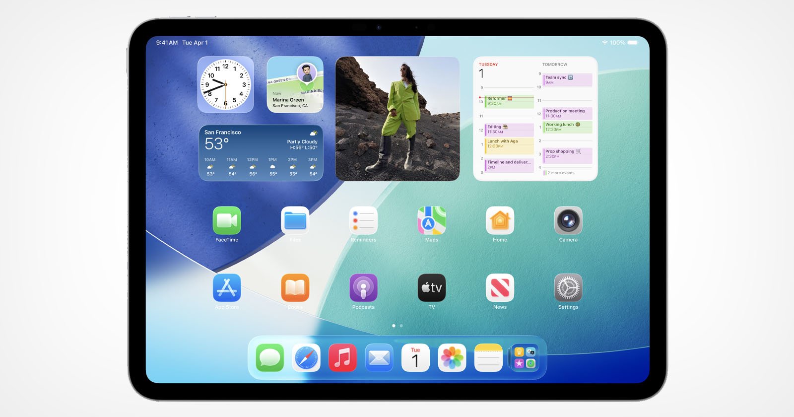 A tablet screen displays the iPadOS home screen with a clock, weather, calendar, contacts, and photos widgets at the top, and app icons like Messages, Maps, Mail, Camera, and Settings at the bottom.