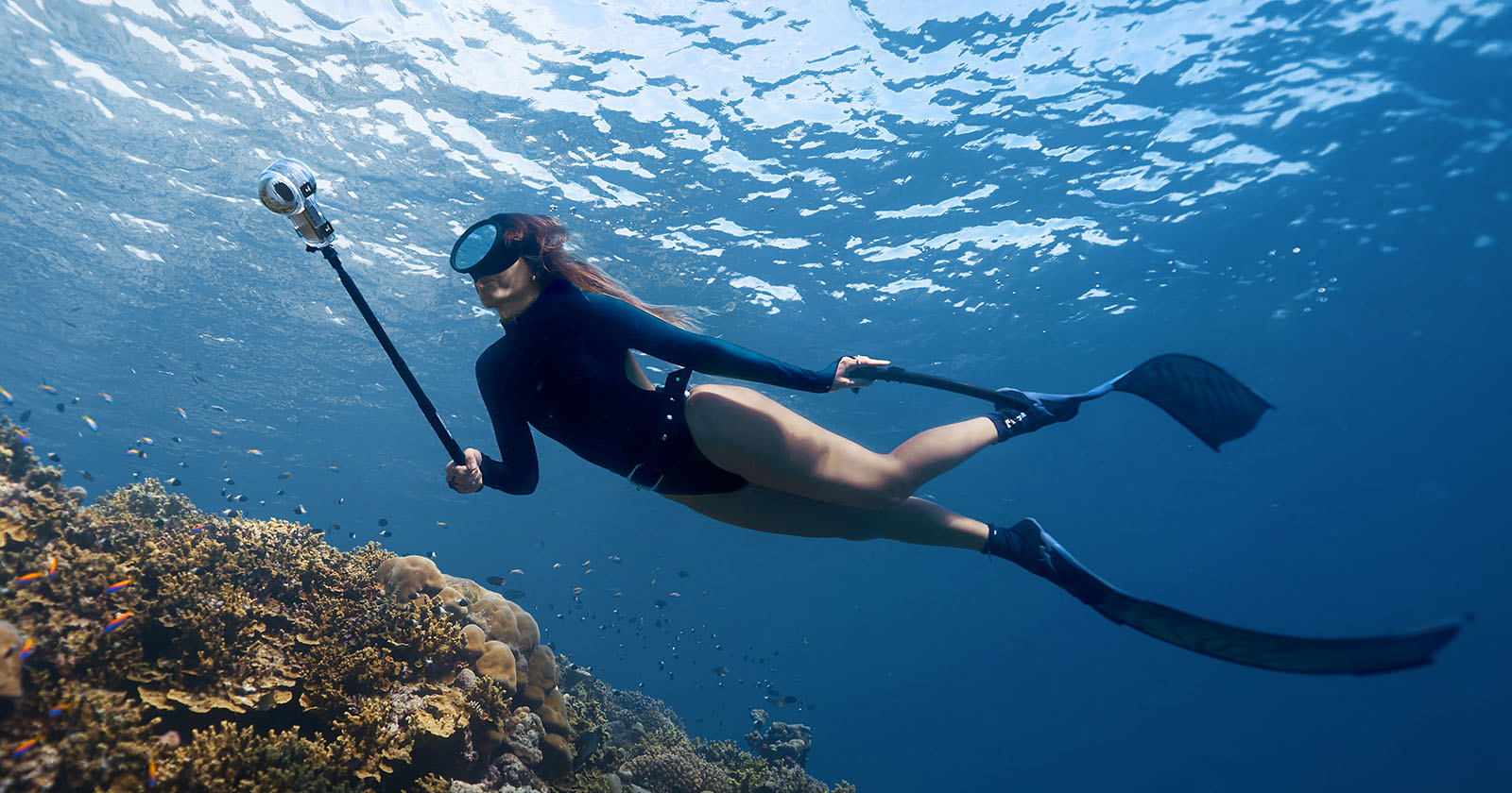 A person in snorkeling gear and fins swims underwater near a coral reef, holding a 360-degree camera on a long pole, surrounded by clear blue water and small fish.