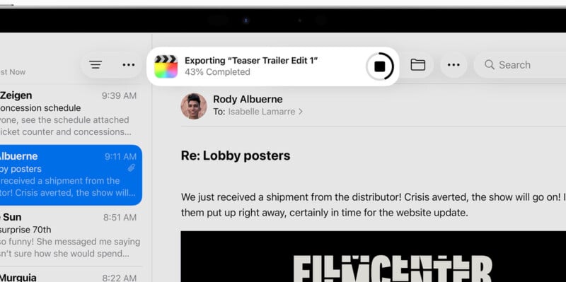 A computer screen shows an email conversation about lobby posters, with a progress bar at the top indicating "Exporting 'Teaser Trailer Edit 1'" is 43% completed.