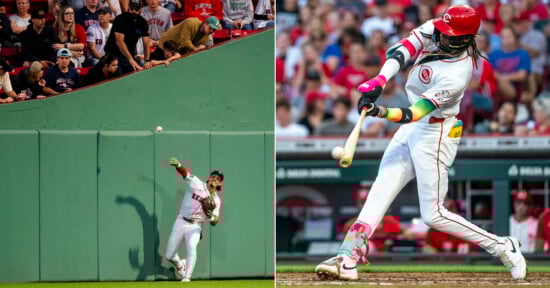 Split image: Left shows a Boston Red Sox outfielder fielding a ball near the outfield wall, fans watching nearby; right shows a Cincinnati Reds player swinging a bat during a game.
