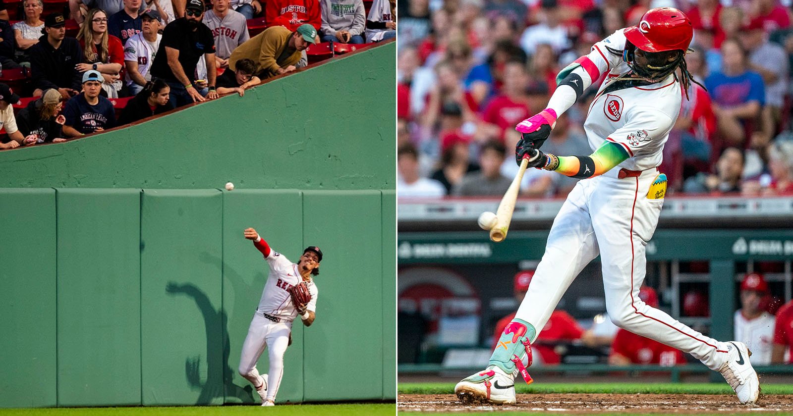 Split image: Left shows a Boston Red Sox outfielder fielding a ball near the outfield wall, fans watching nearby; right shows a Cincinnati Reds player swinging a bat during a game.