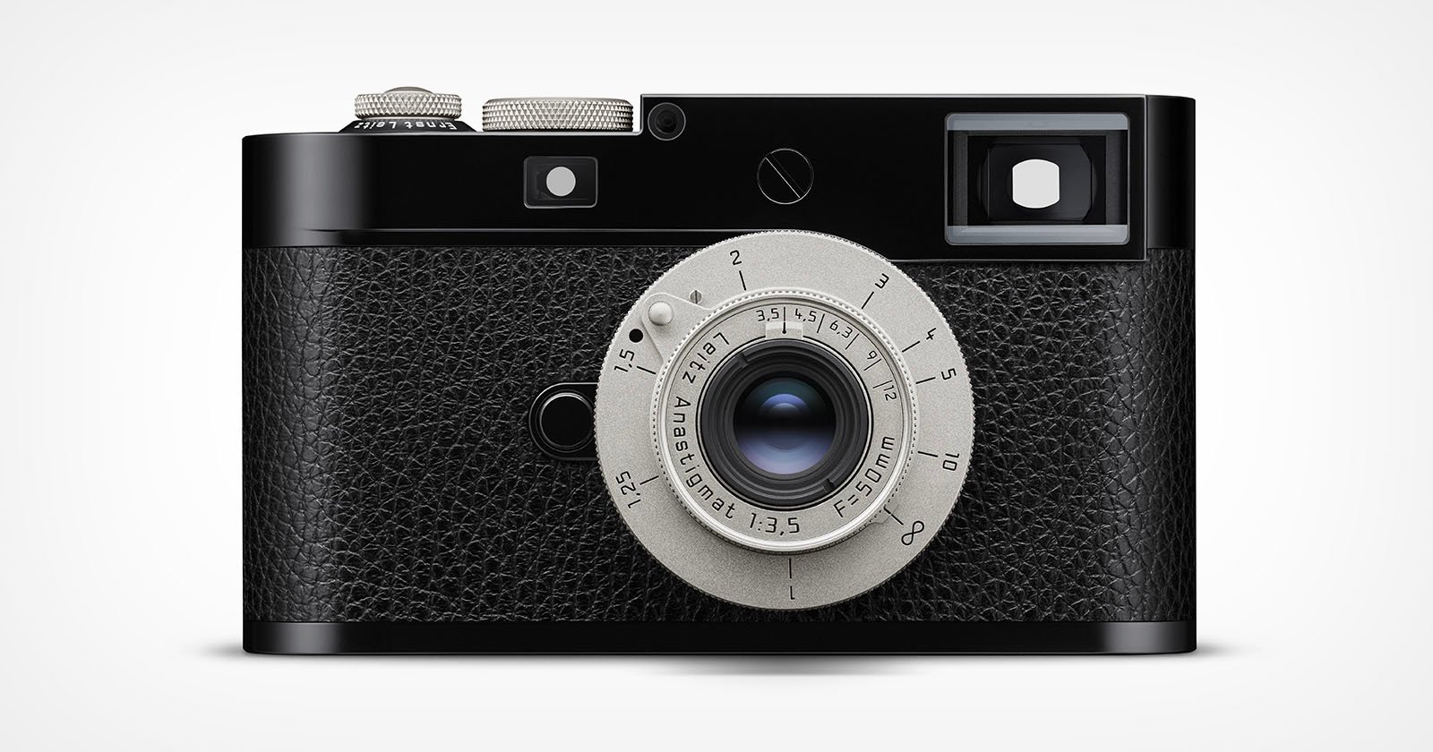 A black and silver vintage-style camera with a textured grip, a round lens in the center, and a viewfinder on the top right side against a plain white background.