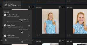 A computer screen shows a photo management software with AI filter options for subject focus, eyes focus, and eyes open. A thumbnail of a smiling blonde woman in a blue patterned blouse is highlighted.