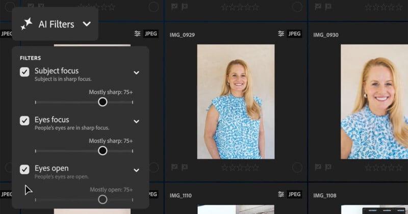 A computer screen shows a photo management software with AI filter options for subject focus, eyes focus, and eyes open. A thumbnail of a smiling blonde woman in a blue patterned blouse is highlighted.