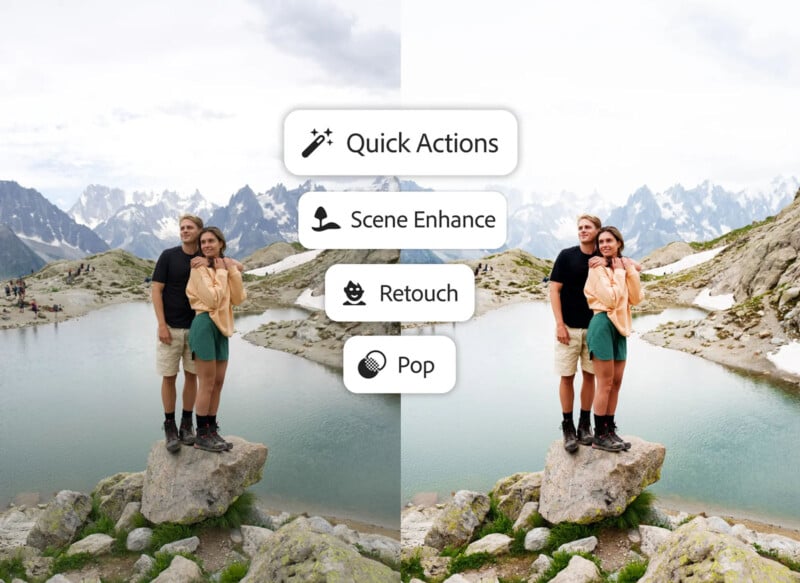 A couple stands on a rock by a mountain lake; the left side of the image is dull, while the right side is brighter with enhanced colors. Overlay menu options read: Quick Actions, Scene Enhance, Retouch, and Pop.