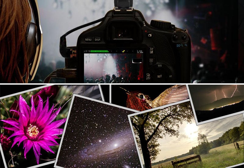 A camera capturing a concert scene is shown above a collage of vibrant photos, including a purple flower, a hummingbird, lightning, a starry sky, a galaxy, and scenic landscapes.
