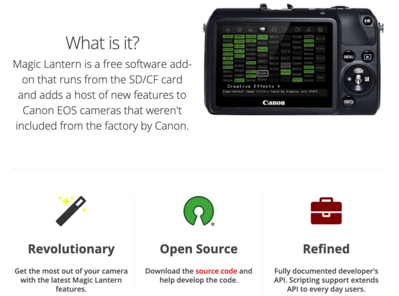 An image showing a Canon camera screen running Magic Lantern software. Text explains Magic Lantern as a free, open-source add-on for Canon EOS cameras, highlighting its revolutionary features and refined developer API.
