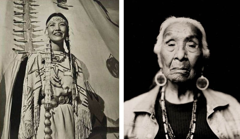 A split image: on the left, a young Native American woman in traditional dress stands in front of a tipi, smiling; on the right, an elderly Native American woman with long hair and bead jewelry gazes calmly at the camera.