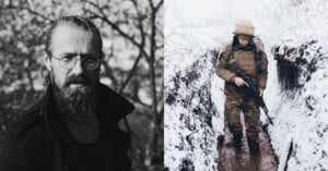 A split image: on the left, a bearded man with glasses in black and white; on the right, a soldier holding a rifle standing in a snowy, muddy trench.