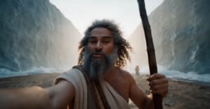 A man with gray hair and a beard holds a staff and reaches toward the camera, standing between two towering walls of parted water with another figure visible in the distance.
