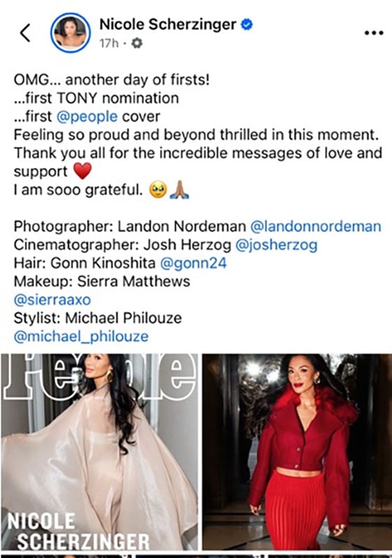 A social media post by Nicole Scherzinger celebrates her first TONY nomination and first People magazine cover. It features two photos of her: one in a beige gown and one in a red outfit, with a message of gratitude.
