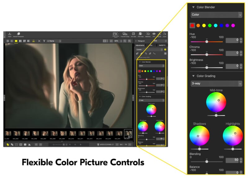 Una mujer sentada en su tocador se aplica lápiz labial en una interfaz de software de edición de fotografías que muestra controles deslizantes de ajuste de color y una rueda de colores para un control flexible de la imagen. El texto es el siguiente: "Controles de imagen en color flexibles.