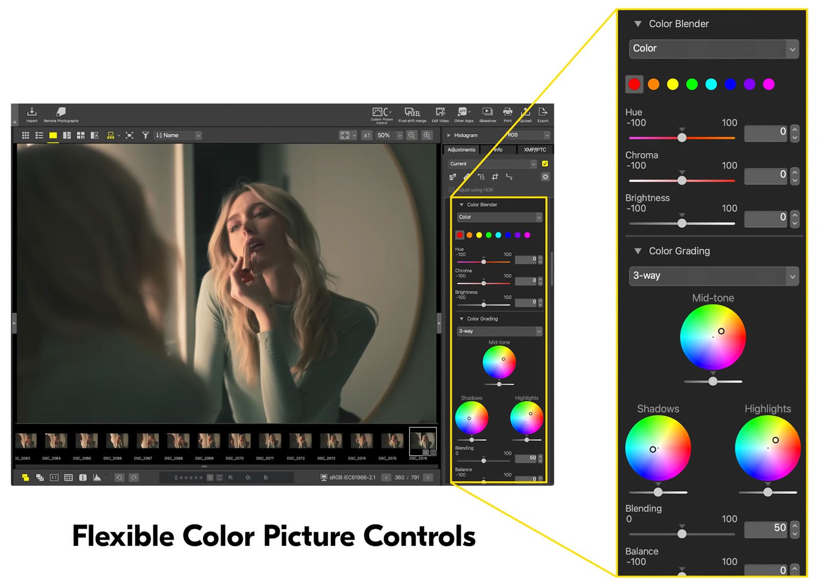 A woman sitting at a vanity applies lipstick in a photo editing software interface, which displays color adjustment sliders and color wheels for flexible picture controls. The text reads: "Flexible Color Picture Controls.