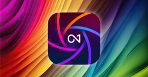 A colorful app icon with swirling, intersecting lines on a dark background, resembling a camera shutter, placed over a vibrant, wavy rainbow gradient backdrop.