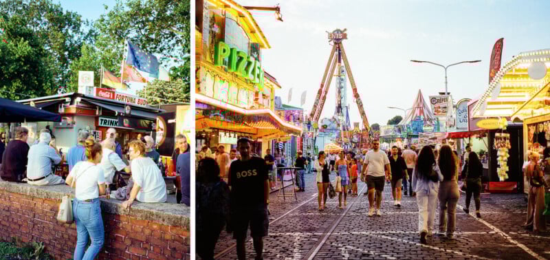 Left: People sit near a food stand with flags and a popcorn sign. Right: Crowds walk along a lively, brightly lit carnival with food stalls and a large swinging ride in the background.