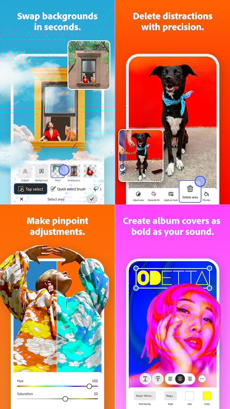A colorful collage shows four app features: swapping backgrounds, deleting distractions, making pinpoint adjustments, and creating bold album covers, each with sample photos and editing tool overlays.
