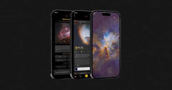 Three smartphones display an astronomy app interface, each showing vibrant images of nebulae, star details, and user comments against a dark background. The screens highlight colorful space photography and app features.