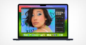 A laptop displaying a photo editing application with a portrait of a woman wearing colorful makeup, against a blue background with doodles. Editing tools are open on the right side of the screen.